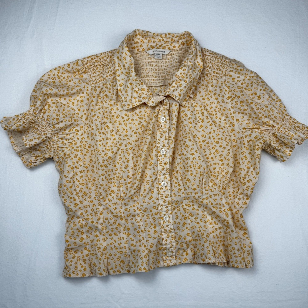 American Eagle Yellow Floral Smocked Button Front Puff Sleeve Blouse Top L/G